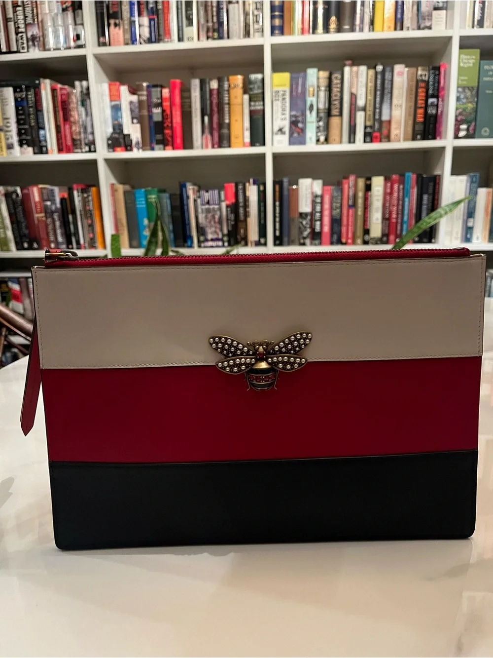 Gucci Large Leather Wristlet in White, Red, Navy Blue (Queen Margaret)